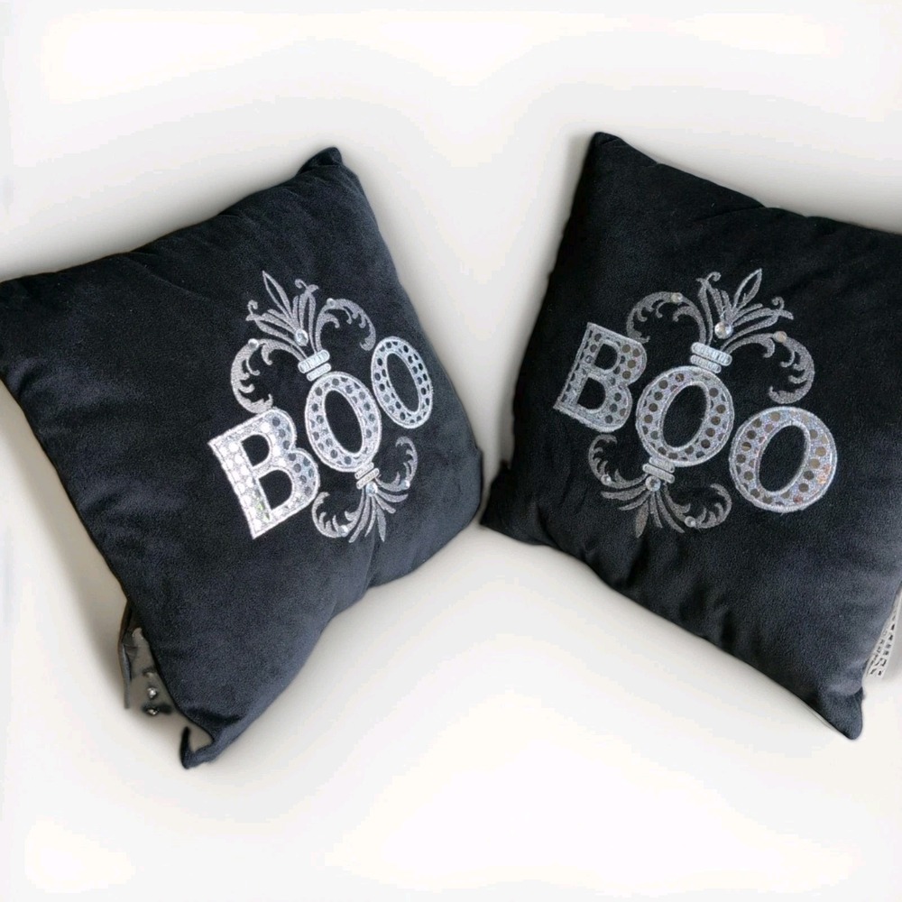 Halloween Pillows Velvet 13 x13 Inch Sequin & Embroidered BOO Fleur de les Crest